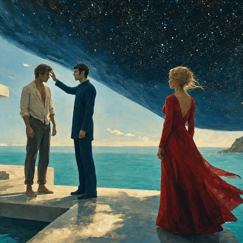 Painting of a sunlit terrace over turquoise water where a figure in a deep blue tunic reaches toward a barefoot man's temple while a woman in a red dress watches, the sky above dissolving into stars