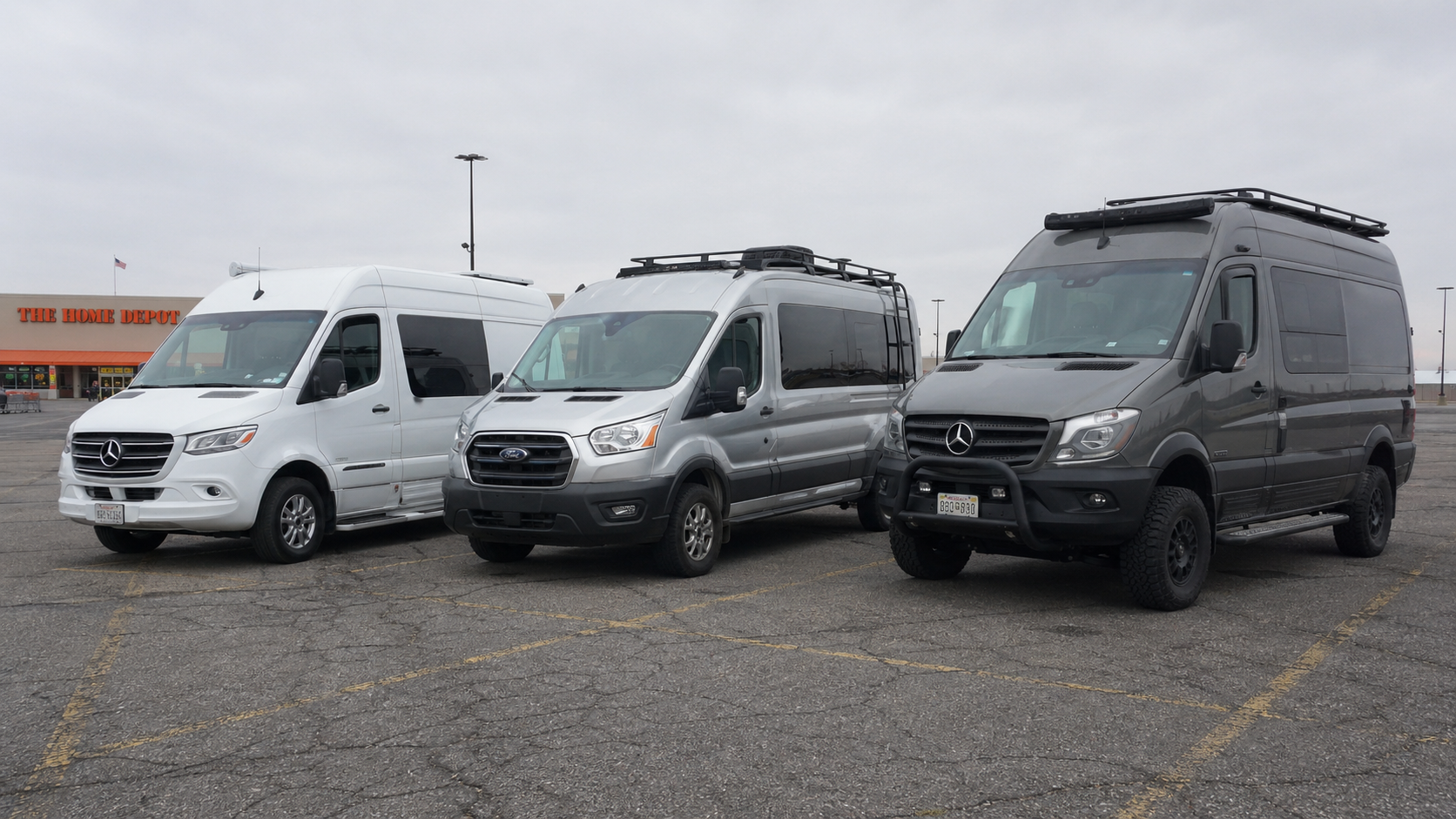 Three Class B camper vans in a parking lot: Pleasure-Way Sprinter, Coachmen Beyond Transit, and Storyteller Beast MODE 4x4 Sprinter