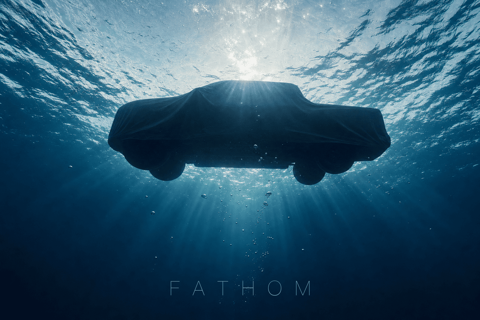 A tarp-covered pickup truck silhouette seen from underwater, backlit by the sunlit surface one fathom above