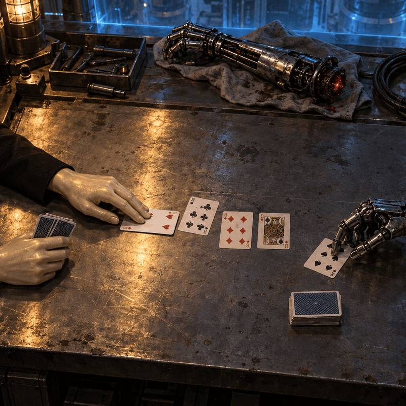 Painting seen from above of a steel engineering worktable where a gold-skinned android hand in a black uniform sleeve deals playing cards to a chrome endoskeleton hand in a scuffed black leather sleeve, a severed mechanical arm resting on a cloth at the far end under a blue containment field